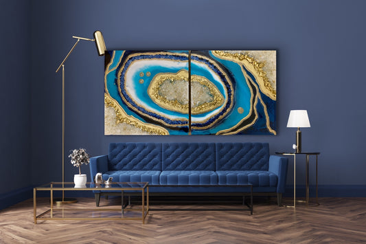 Blue/white/gold geode inspired wall art