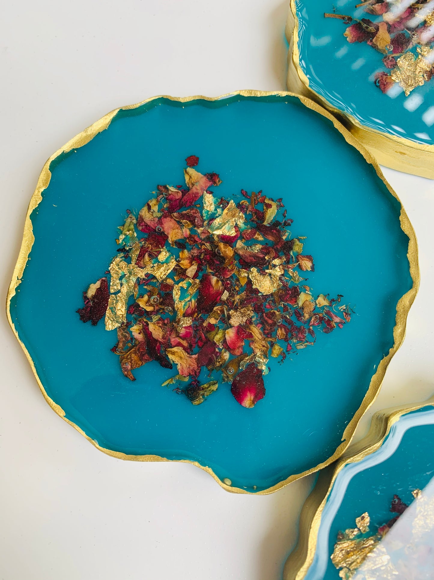 Set of 4 Coasters - Teal with Rose Petals and Gold Leaf