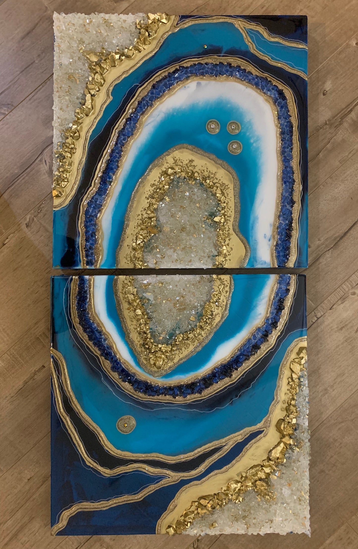 Blue/white/gold geode inspired wall art